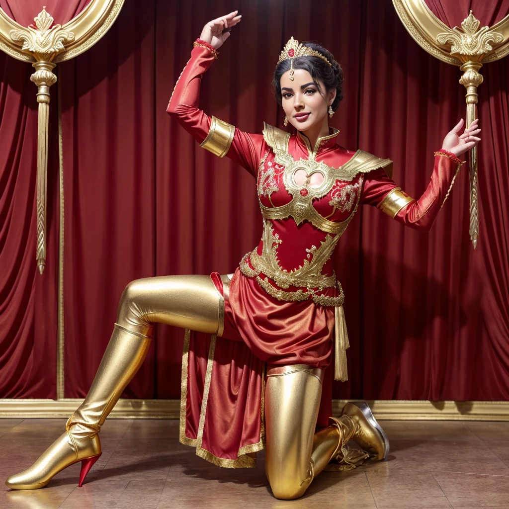 araffe dressed in a red costume with gold accents and a flower, high quality costume, high quality theatre costume, lycra costume, wearing red and yellow hero suit, red and gold sumptuous garb, dressed as emperor, wax figure, full body with costume, vijay jayant props, x man costume, gold armour suit, gold and silver armour suit 8k images