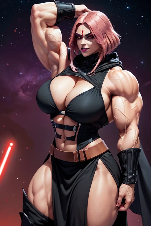 ((Massive, tall, beautiful, buff, muscular light brown skinned female Sith Lord with shocking pink hair, black lipstick, ginormous bulky muscles, holding a red lightsaber and wearing a tiered gothic dress with a Sith hood)), (close view), black eyeliner, massive muscles, massive biceps, hyper muscle triceps, angled bob cut, (((glowing red eyes))), (tiered gothic dress), thigh high boots, In space, (Sith hood), nighttime, (evil smile), hyper muscles arms, hyper muscle legs, massive arms
