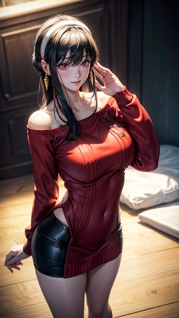 (masterpiece, Highest quality:1.3), (Super detailed:1.4),(Super detailed顔:1.2),(Super detailed目:1.2), (hyperRealistic:1.3), (RAW Photos:1.2), High-definition RAW color photos, Professional photos, (PhotoRealistic:1.4), (Realistic:1.4),8k,Professional Lighting, Perfect Anatomy, BREAK,(Big Breasts:1.6),(blush:1.2),(Bright smile:1.2),Yolfoger, High detail, Sharp focus, dramatic,dutch angle,Björf,Black Hair,Long hair short hair,White hair band,Kamimei,Leaning forward,Bring your face closer,Red eyes,Gold earrings,jewelry,Off the shoulder,(Red sweater:1.3),Sweater dress,Long sleeve,Black Pantyhose,Luxury bedroom,(thong:1),(Sexy pose 1.4)