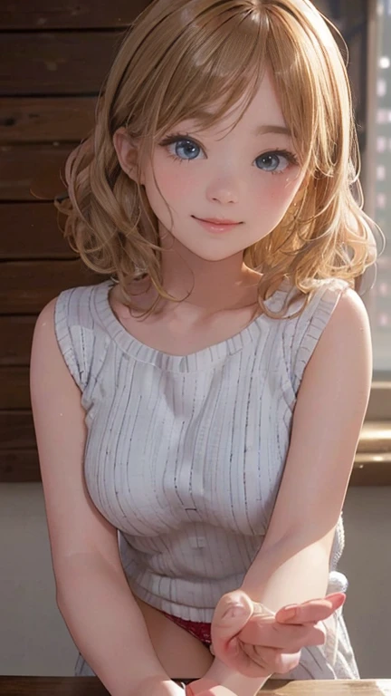 (A very cute 20 year old young woman from Japan.),  ((Fine hair that is somewhere between brown and blonde)), ((Short hair with messy side waves)),Medium bust size､Small Tits､Flashy makeup using red eyeshadow， Precision by hand，(((Clean your hands)))，(Curly Hair)，(((A very kind smile))), (((she wears dark blue panties)))，(((She is wearing a white knitted dress))) ((Highest quality, 16K, Tabletop: 1.3)), Light on the face, Ultra detailed face, Highly detailed lips, Detailed eyes, City Street，Cleanse your thighs，Great Skin，