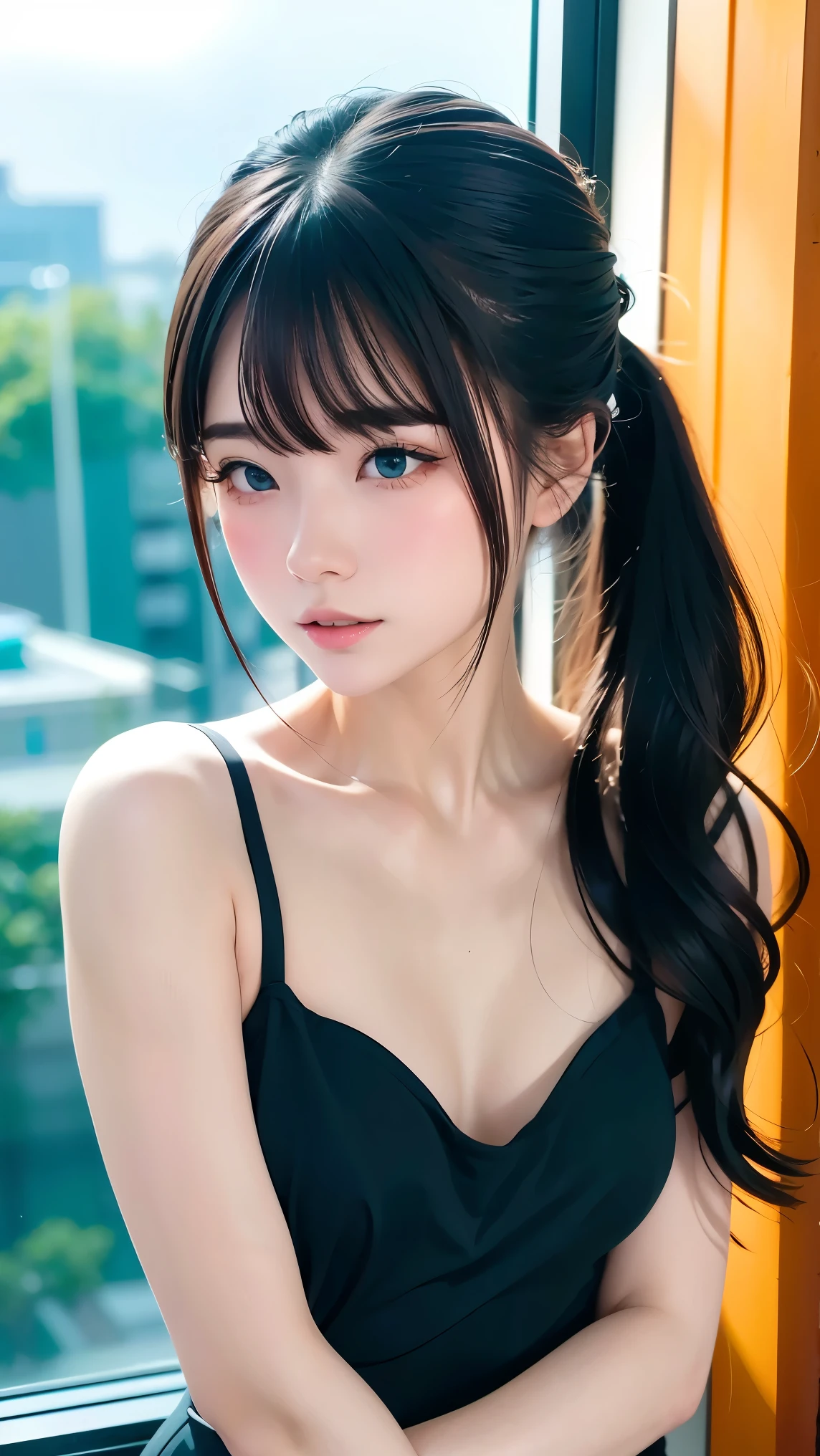 One Girl、From below, (whole body, Are standing), シングル編み込みの茶髪のponytail, Parted bangs, grey hair、Attractive eyes、Shortcuts、ponytail、Fuller lips、Camisole dress、Beautiful Skin、Small breasts、Small breasts、at night、A spectacular night view as a backdrop、You can see the night view in the distance、RAW Photos、Highest quality、ultra High resolution、High resolution、masterpiece:1.3、8k、Professional Photographer