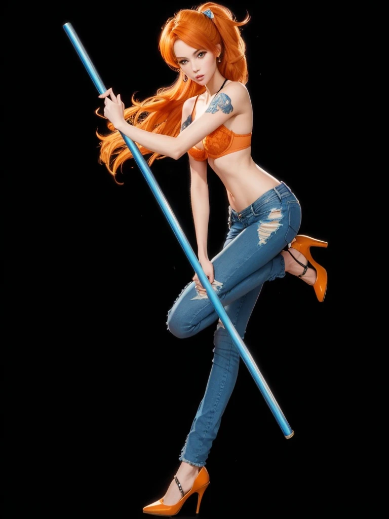 A beautiful girl with perfect body, orange hair, with blue jeans, in high heels, with bra, holding a blue stick