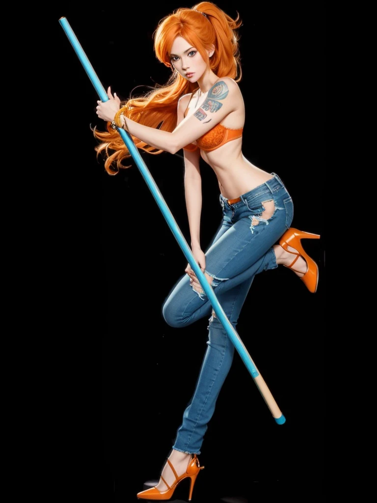 A beautiful girl with perfect body, orange hair, with blue jeans, in high heels, with bra, holding a blue stick