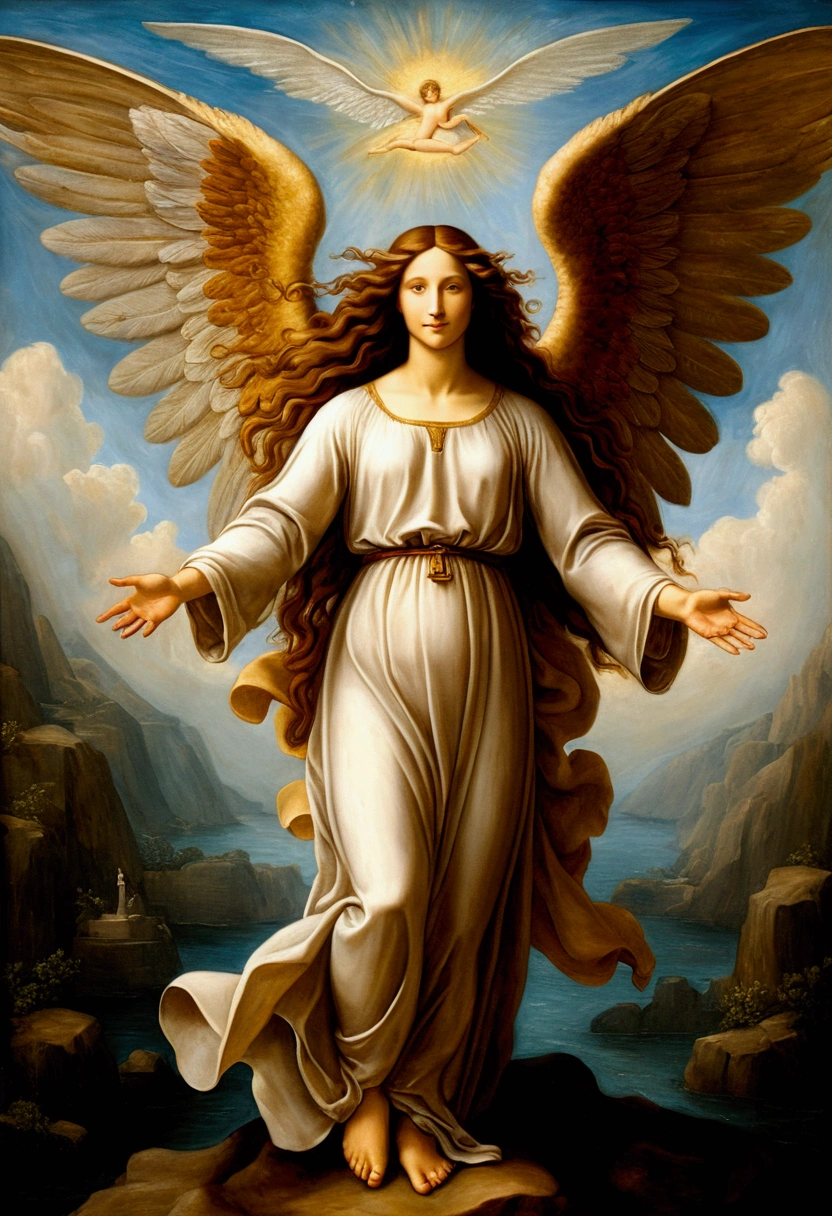 Bible inspired oil painting, Imagine an angel with arms and wings spread, in the vision of the painter Leonardo da Vinci, oil painting impasto