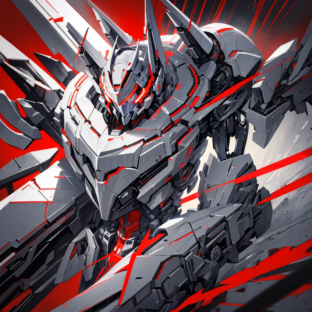 A mecha made of steel,A huge mecha flashing red,((Plain gray background))