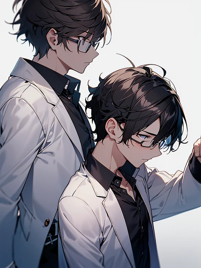 Side view of a young man with short, dark-haired nerdish hair, white shirt, jacket, dark background, conversation, frown, glasses