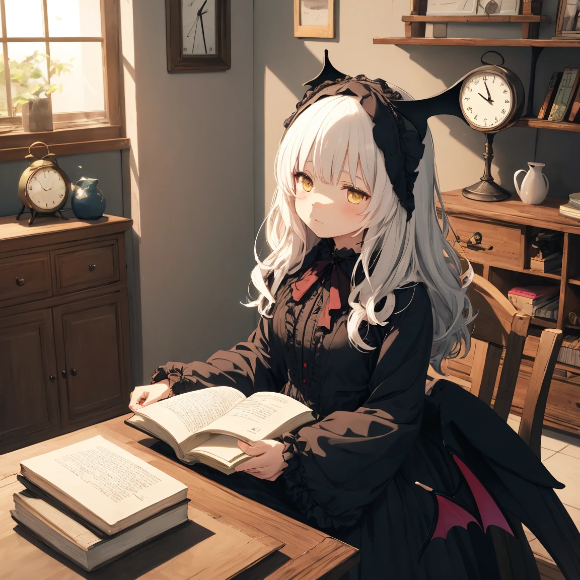 girl with, sorcerer, the witch, indoors, bedroom, pink and white room color, day, morning, 9:20 AM, Red and black gothic lolita, Dresses with ruffles, sleepy face, white hair, messy hair, yellow eyes, bat wings on head, sitting in the bed, clock, sun, book in table
