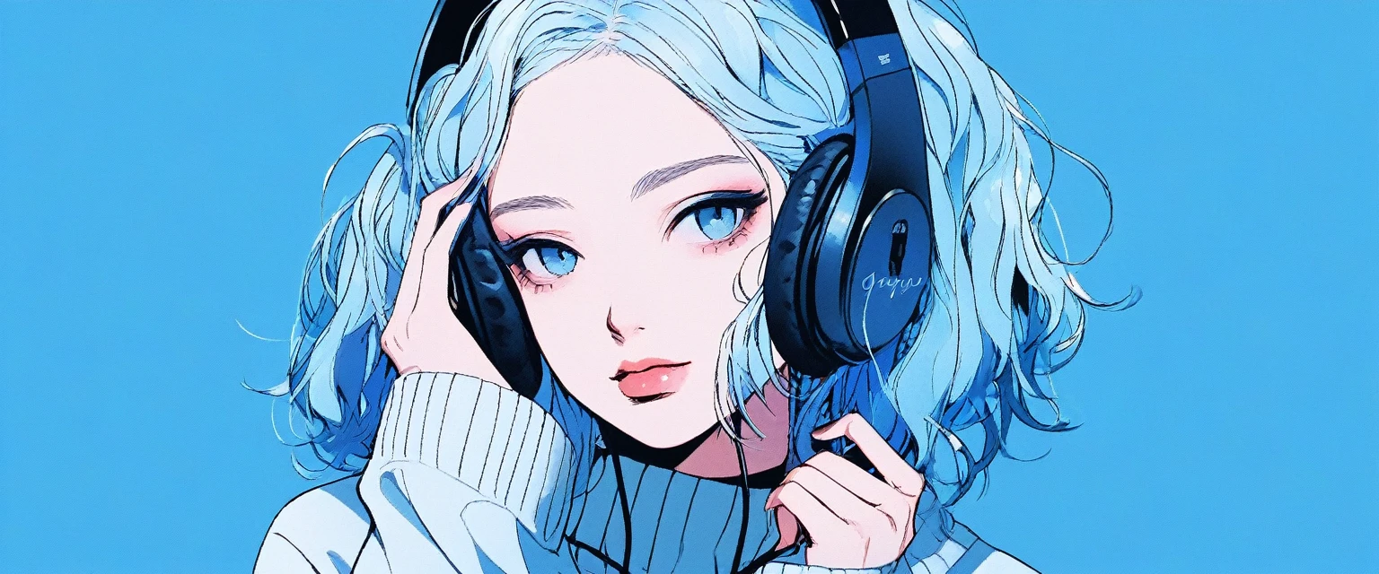 illustrator, anime , realistic ,sketch , 1 girl, ,lip, sweater,order, Blue gradient background, neon hair,Textured trim, Canadian, (masterpiece,Best quality) ganyou,Beautiful girl with headphones