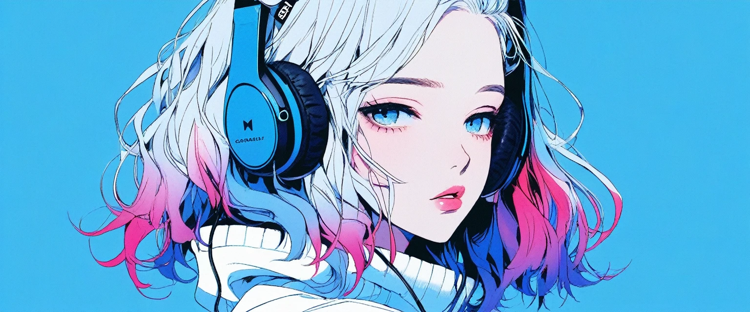 illustrator, anime , realistic ,sketch , 1 girl, ,lip, sweater,order, Blue gradient background, neon hair,Textured trim, Canadian, (masterpiece,Best quality) ganyou,Beautiful girl with headphones