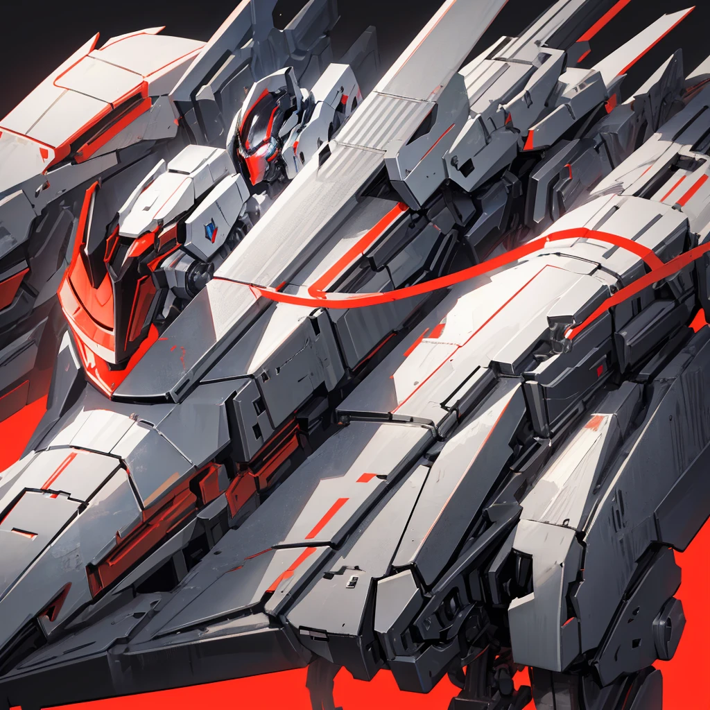 A mecha made of steel，A huge mecha flashing red，((Plain gray background))