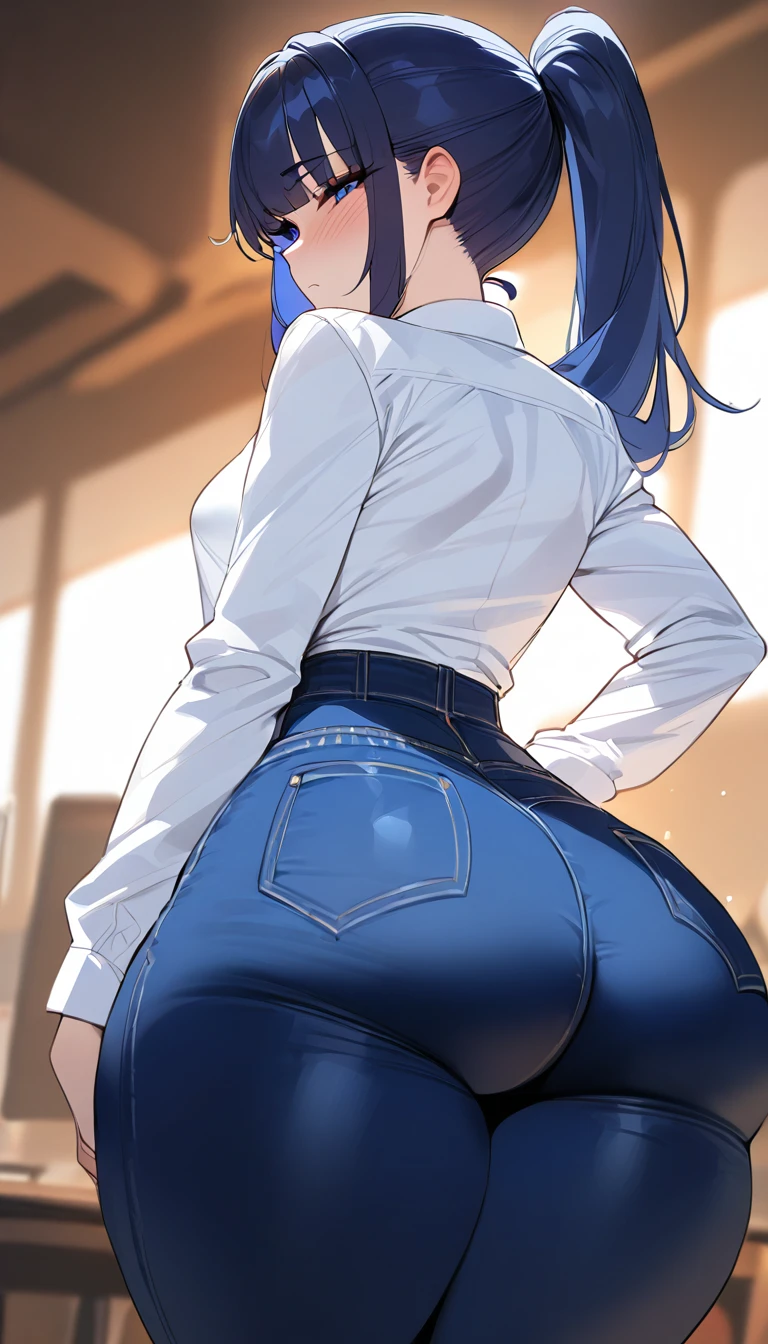 (best quality,masterpiece) thicc, 1 girl, small breasts, wide hips, thick thighs, shy, ponytail, dark blue hair, narrow waist, blue jeans, white shirt,blue eyes,back view