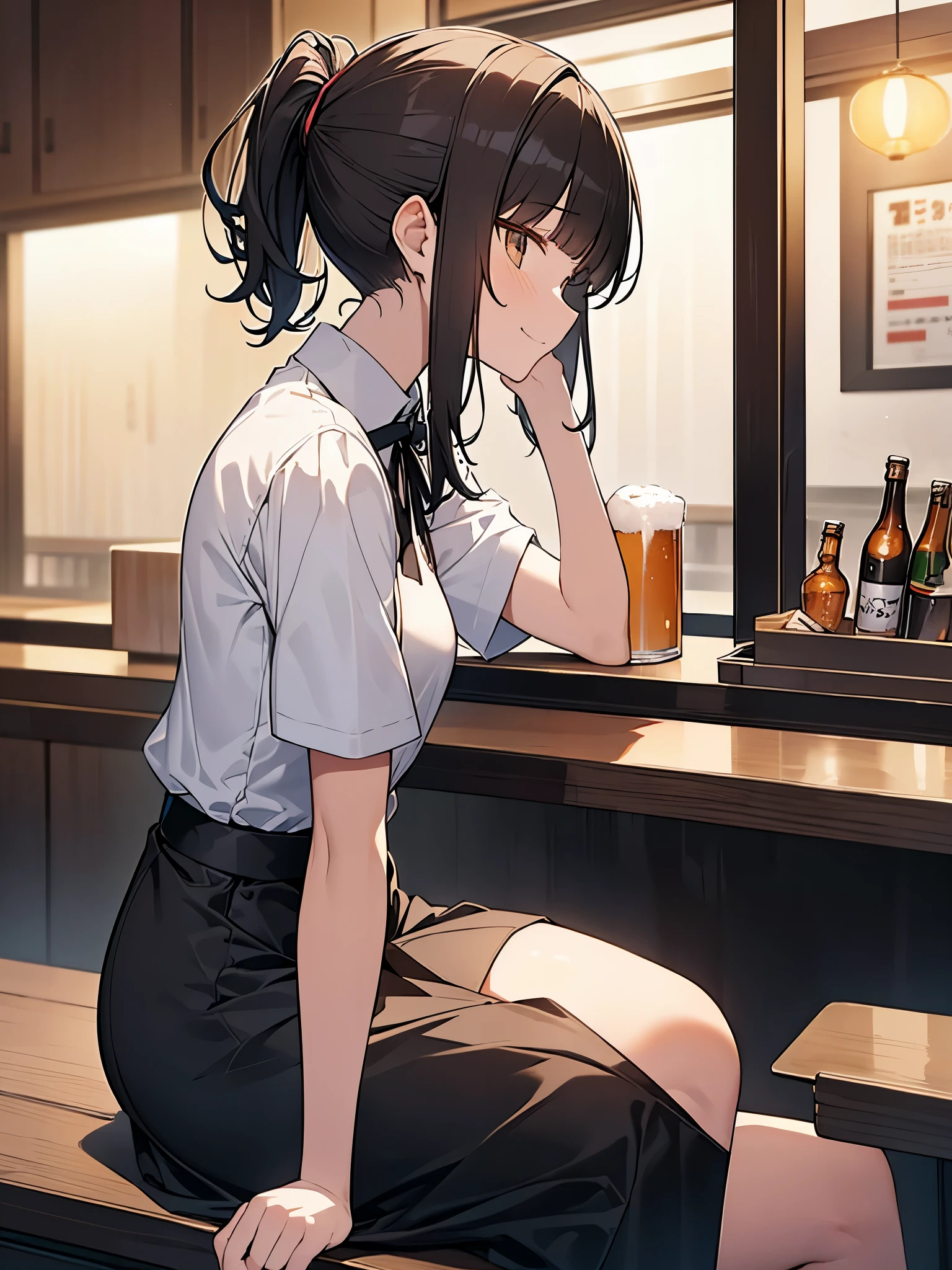 Small beer cup on the counter Tall woman:1.9 Side view composition Izakaya at night Sitting on a chair White collared shirt short sleeves Black skirt Smiling Talking Black short hair Ponytail:1.9 Straight hair Hair tie Sweep bangs to the side:1.9. Slanted eyes, brown eyes, tall, strong-willed, beautiful