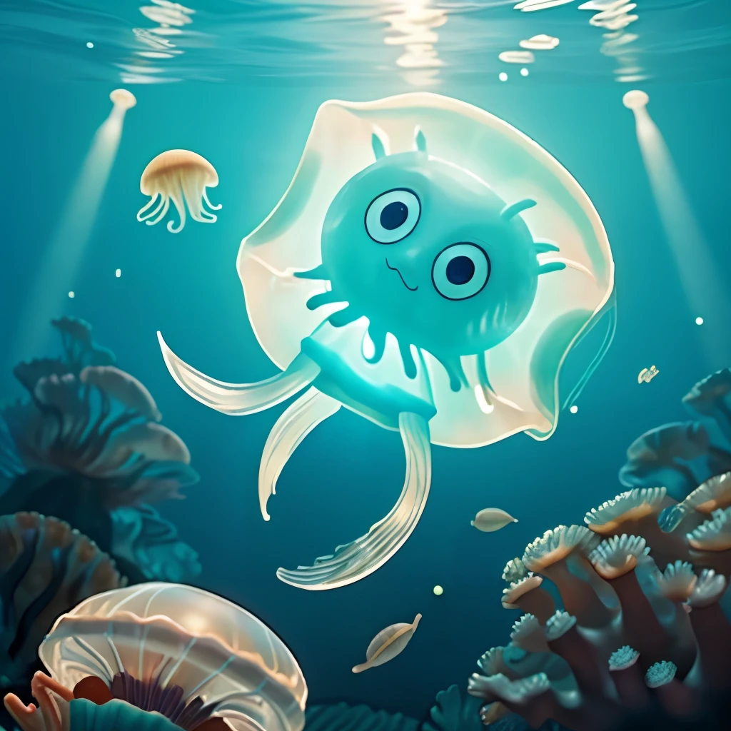 In the sea、、((swim))、((Realistic jellyfish))