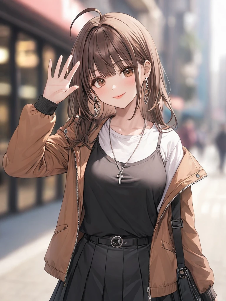 ((masterpiece, best quality)), very aesthetic, absurdres, One girl, Ahoge, bangs, black skirt, black sweater, Blurred, Blurred background, chest, Brown eyes, Brown Hair, brown Jacket, Mouth closed, Day, Depth of written boundary, Earrings, eyelash, Raise your hand, Tilt your head, Jacket, jewelry, Long Hair, Long sleeve, View Viewer, medium chest, Manicure, Open clothes, open Jacket, Outdoor, Pursed lips, Tucked in shirt, Side Lock, skirt, Sleeves are longer than the wrist, alone, sweater, Upper Body, zipper, smile,