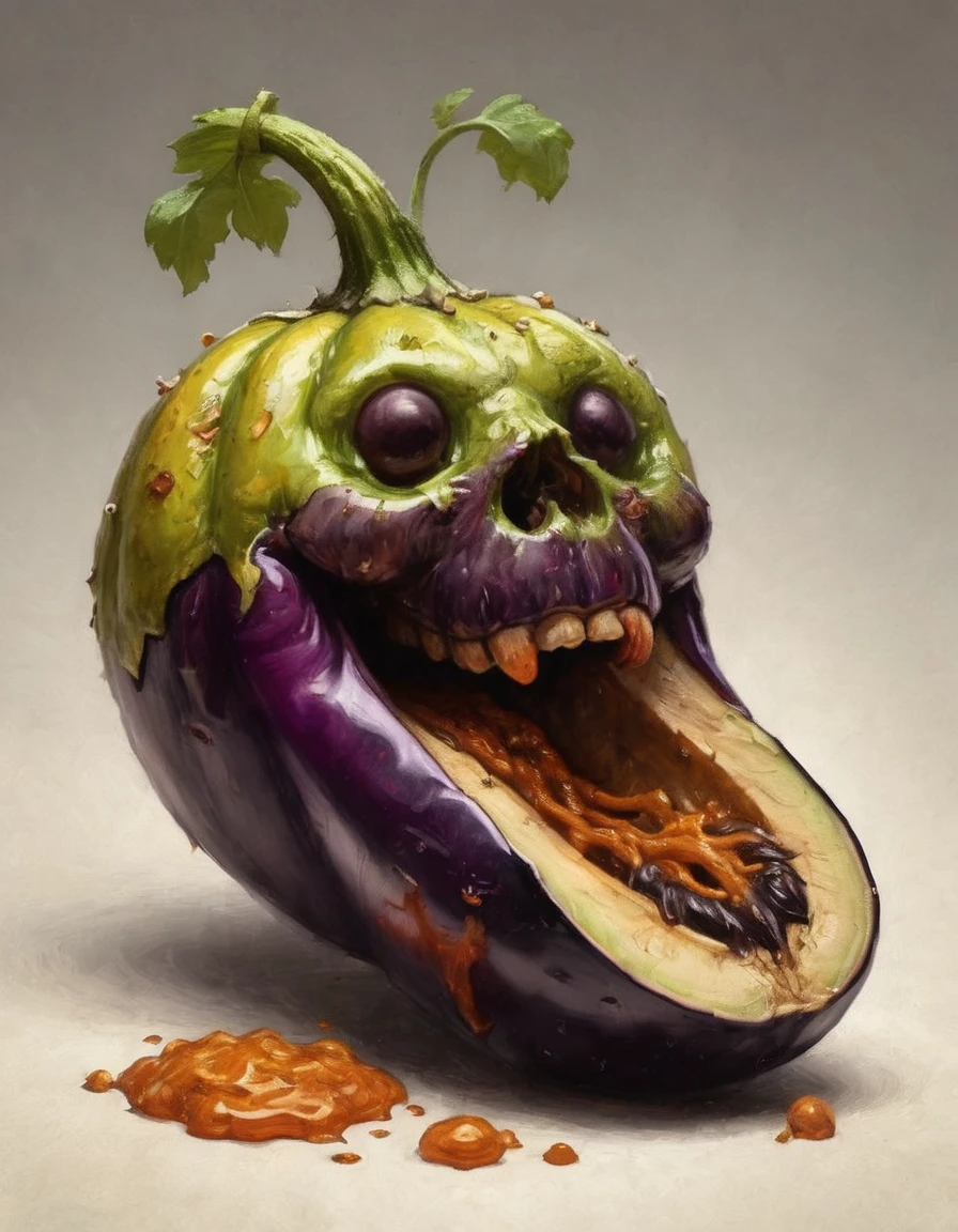 rotten eggplant, decaying fruit, twisted stem, brown spots, overripe peel, mushy texture, dripping juice, oozing decay, cell shaded adult animation, vibrant colors, complementary tones, striking contrast, (best quality,4k,8k,highres,masterpiece:1.2),ultra-detailed ( a dry, cracked stem and any other signs of decomposition), grotesque, worms and pimples with hair