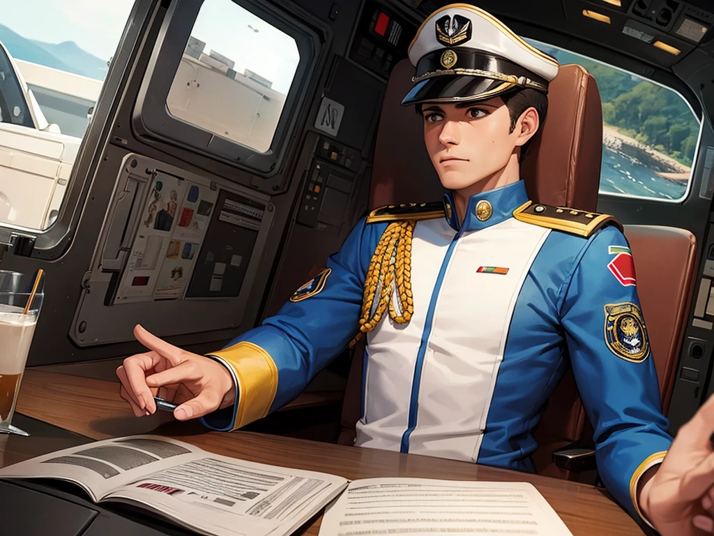 pilot man with mexican navy uniform sitting in his chair driving a warship, In the cockpit you can see its crew, including a captain in a United States Navy uniform, giving orders.