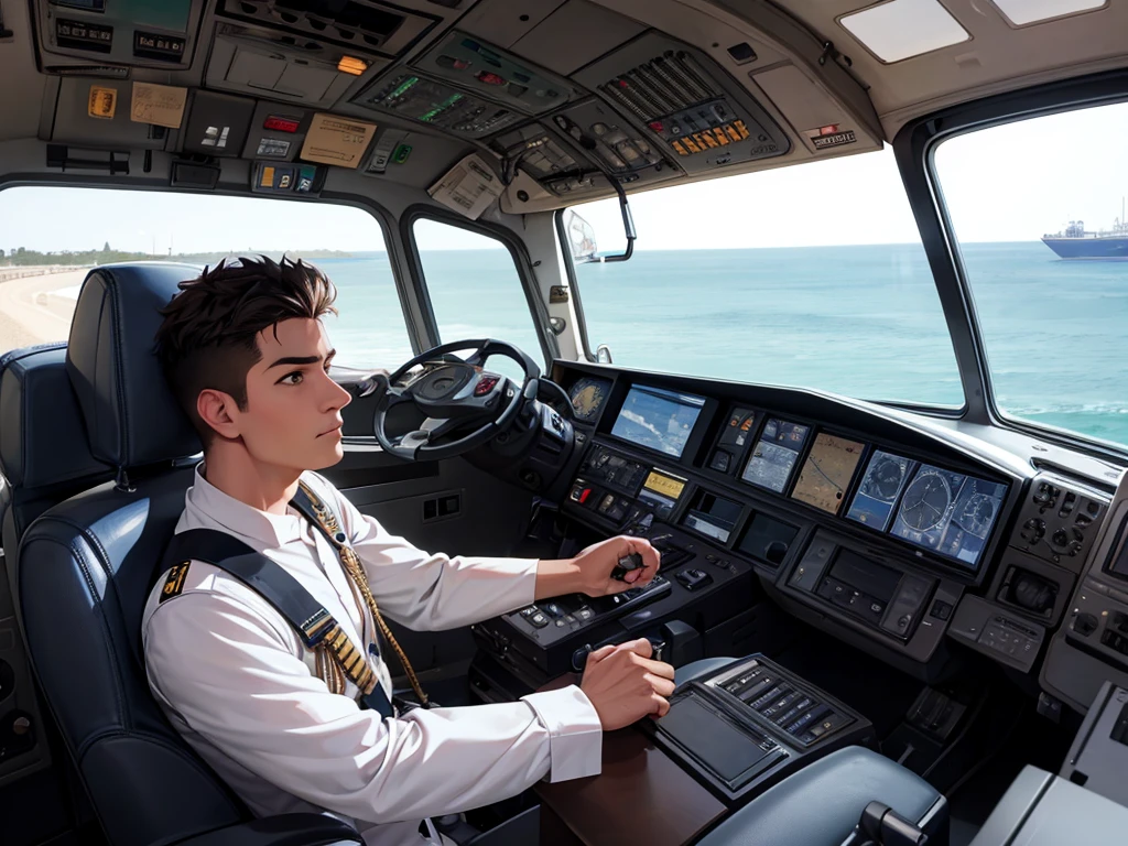 pilot man with mexican navy uniform sitting in his chair driving a warship, In the cockpit you can see its crew, including a captain in a United States Navy uniform, giving orders.