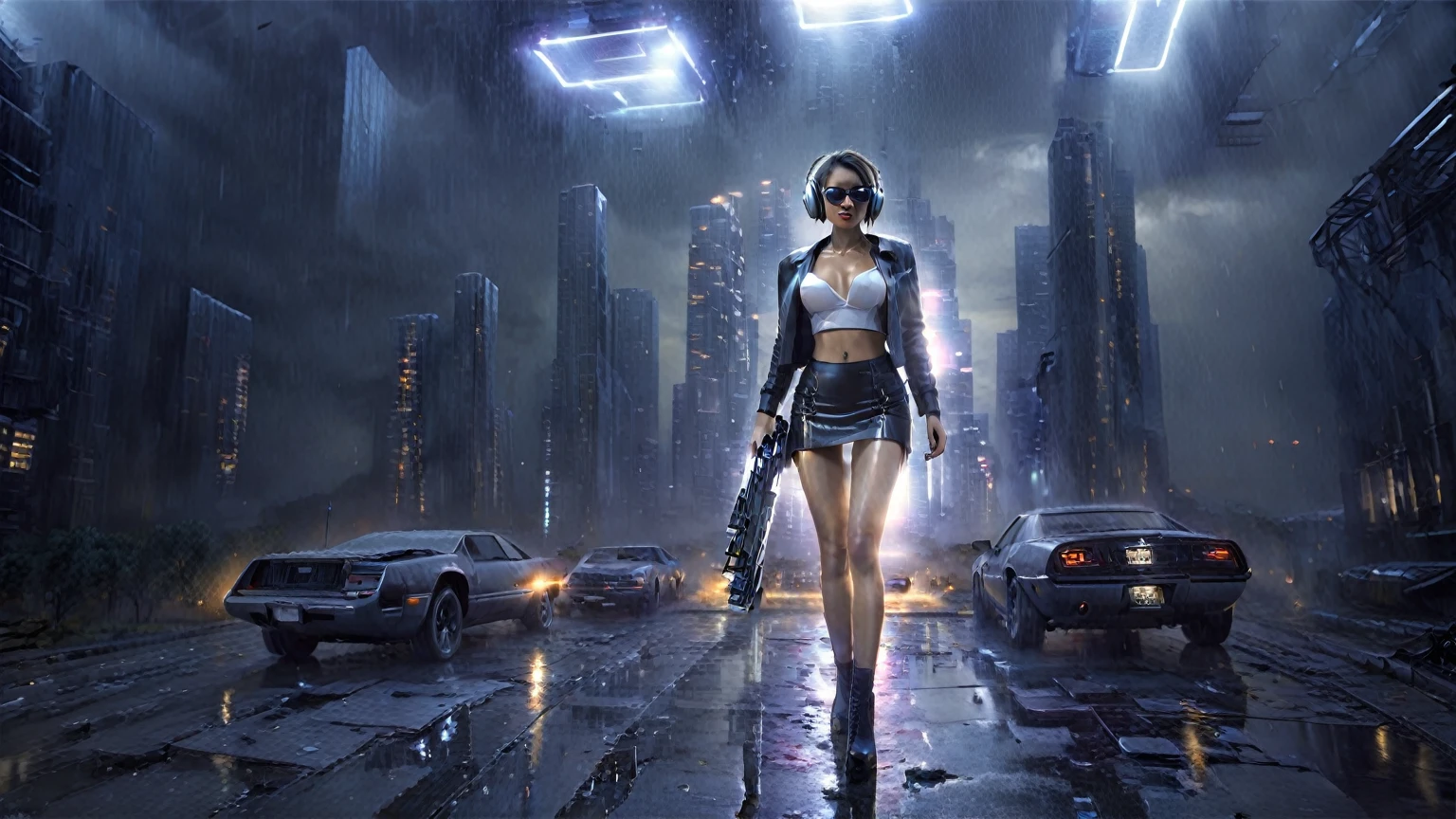 (aerial view, a flying car is speeding through a very dark abandoned futuristic city), rainy night. (((1girl, solo, alone))), large-breast:1.2 slim body, cleavage:1.1, sexy miniskirt, ((headphone, black sunglasses, standing and holding pistol pose)), (((((half-body thigh level medium shot))))), cinematic lighting, lens flare, ray tracing.