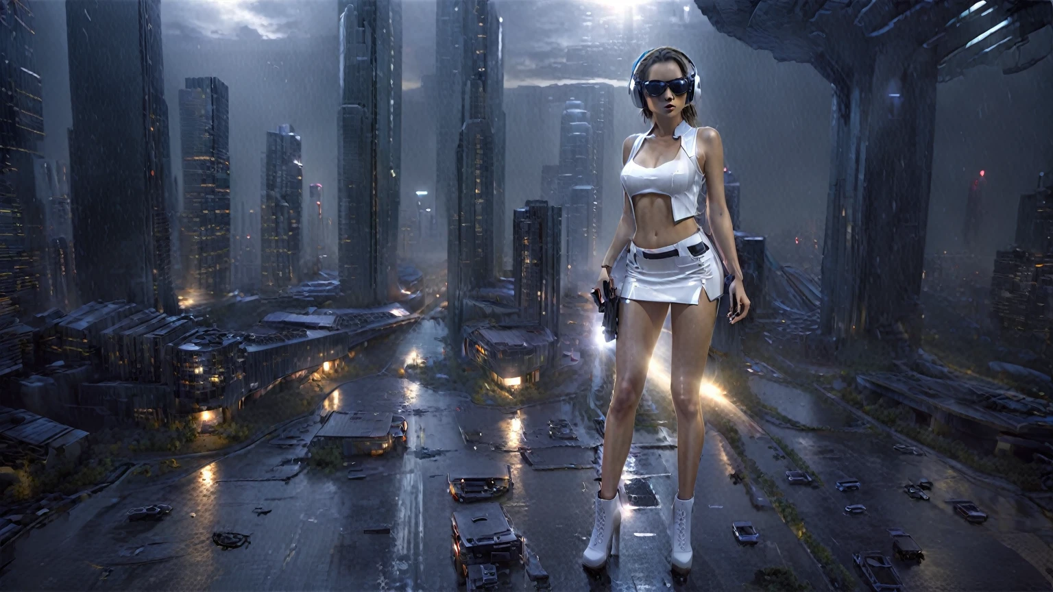 (aerial view, a flying car is speeding through a very dark abandoned futuristic city), rainy night. (((1girl, solo, alone))), large-breast:1.2 slim body, cleavage:1.1, sexy miniskirt, ((headphone, black sunglasses, standing and holding pistol pose)), (((((half-body thigh level medium shot))))), cinematic lighting, lens flare, ray tracing.