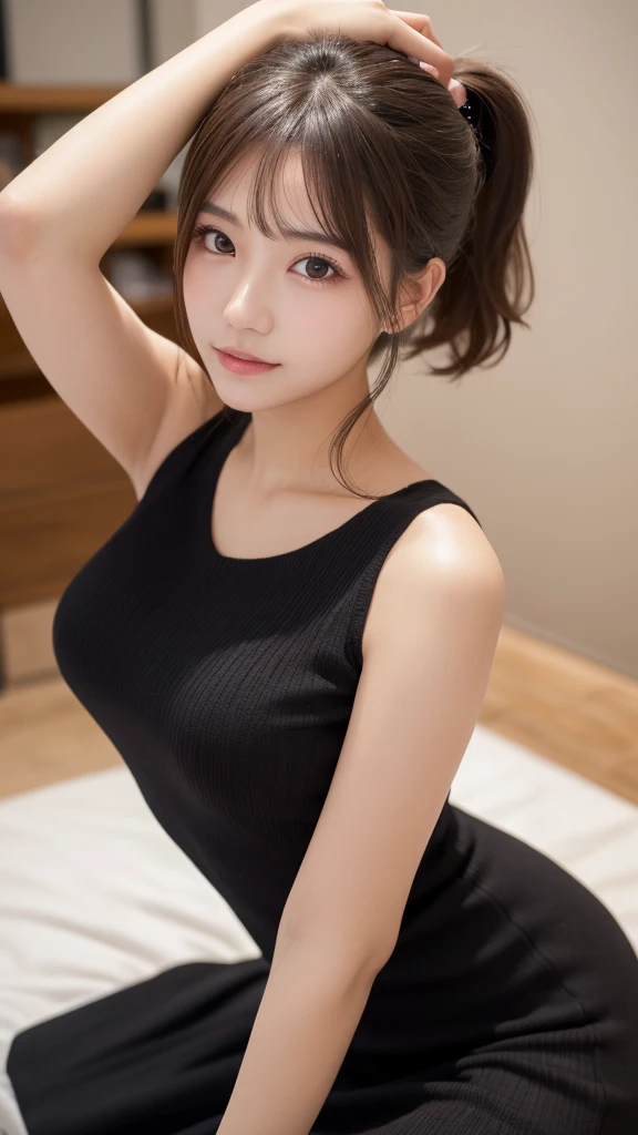 In detail, High resolution, high quality、Perfect dynamic composition, Beautiful fine details, Medium Hair, small 、Natural color lip,Kamimei、Shibuya Ward、20-year-old girl、1 person、Clear Skin、Shiny Hair、Tabletop, 最high quality, figure, Super detailed, In detail, High resolution, 8k、The correct state of the human body、Randomly cute poses,ponytail,Beautiful feet,Perfect beautiful face,KPOP idol faces,Ecstatic face,Black knit dress,Background Blur,strike a random sexy pose,night