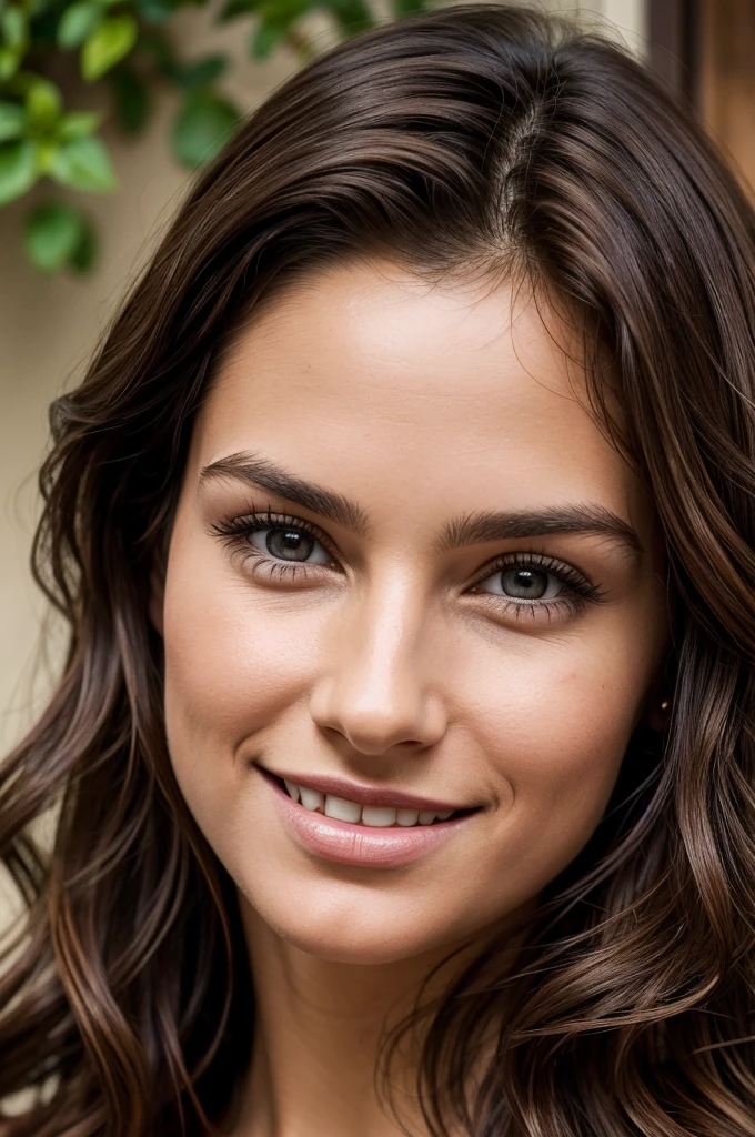 realistic image of a beautiful woman with wavy brown hair. His eyes are brown and his skin is light brown. She appears to be 35 years old and has a spontaneous smile and her features are of Italian nationality.