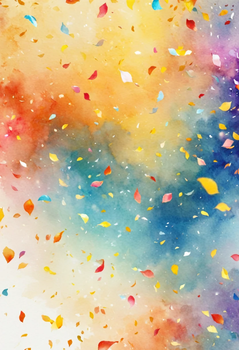 isolated on white background(  Colorful Confetti/confetti/colorful confetti)watercolor画、watercolor、Splash technology recreates the romantic atmosphere in humid environments、unique ingredients、Abstract representation、Contains surreal elements、light tone.Light gold color scheme、High resolution details、Ink splash effect、color saturation。(best quality,4K,8k,high resolution,masterpiece:1.2),Super detailed,(current,photocurrent,photo-current:1.37),leave a blank.Fresh, bright, natural and soft light and shadow.best quality.8k.romantic style.Literary youth style.Delicate and elegant.