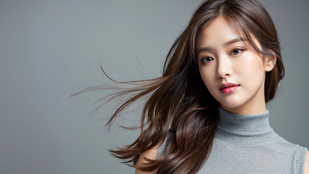 ((Detailed face)),vivid,cute,A silky grey dress with a turtleneck and sleeveless top,4K,Ultra-high resolution,(Photorealistic:1.7),Gray background,Long Hair,