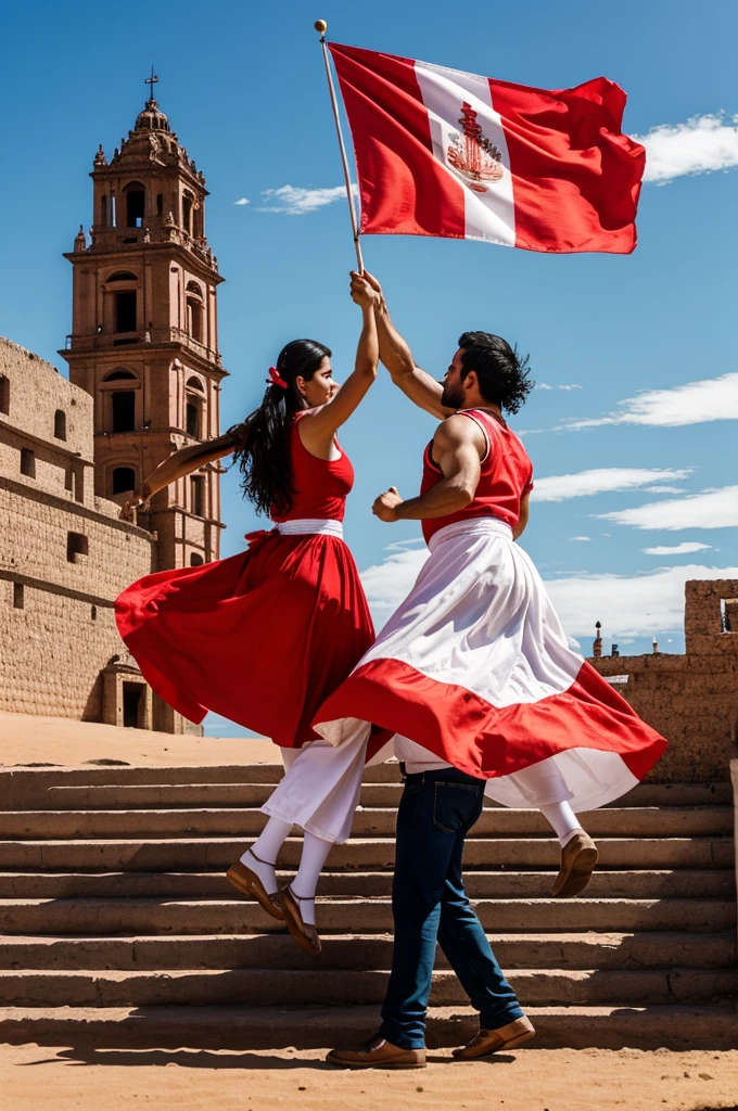 A tourist landscape of Camaná Peru where a couple dancing marinera, an image of the flag of Peru and the word bicenterario