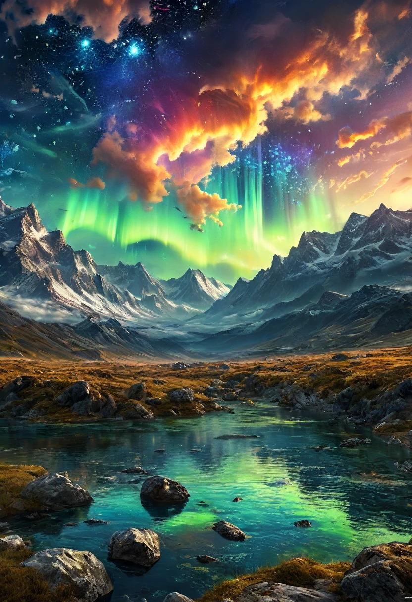 (Highest quality,4K,8k,High resolution,masterpiece:1.2), Very detailed, (Realistic,photoRealistic,photo-Realistic:1.37),(Numerous award-winning masterpieces, Incredibly detailed and textured, Highest resolution and clarity), (Hyper-Realistic:1.4)Surrealism, Mysterious Aura, Charlie Bowwater, 19th century France, Fascinating, (Detailed landscape of Asgard in the background, Aurora shining in the sky:1.6), (Starry sky with constellations:1.5), Very detailed, 8k, Very detailed, photoRealistic, masterpiece, (Natural light:1.4)