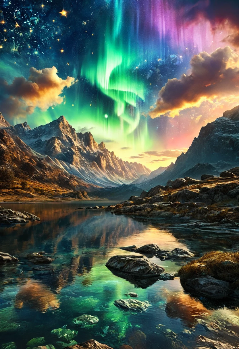 (Highest quality,4K,8k,High resolution,masterpiece:1.2), Very detailed, (Realistic,photoRealistic,photo-Realistic:1.37),(Numerous award-winning masterpieces, Incredibly detailed and textured, Highest resolution and clarity), (Hyper-Realistic:1.4)Surrealism, Mysterious Aura, Charlie Bowwater, 19th century France, Fascinating, (Detailed landscape of Asgard in the background, Aurora shining in the sky:1.6), (Starry sky with constellations:1.5), Very detailed, 8k, Very detailed, photoRealistic, masterpiece, (Natural light:1.4)