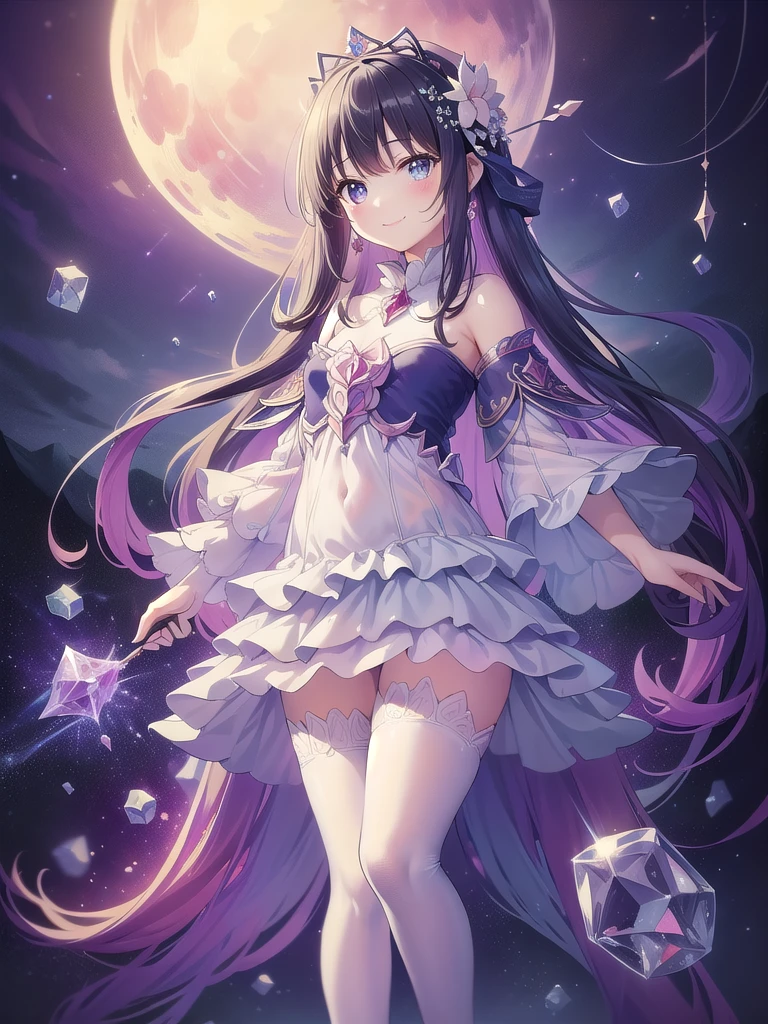 (masterpiece, Highest quality, detailed:1.3),(photograph:1.3), HD transparent background, Attention to detail,cute,One Girl, cute表情, smile,、Sparkling eyes,The audience watching,９age,(small),smile, Full body portrait,Are standing, Night Sky,moon,star,flower,gem,crystal,aura,Character Design