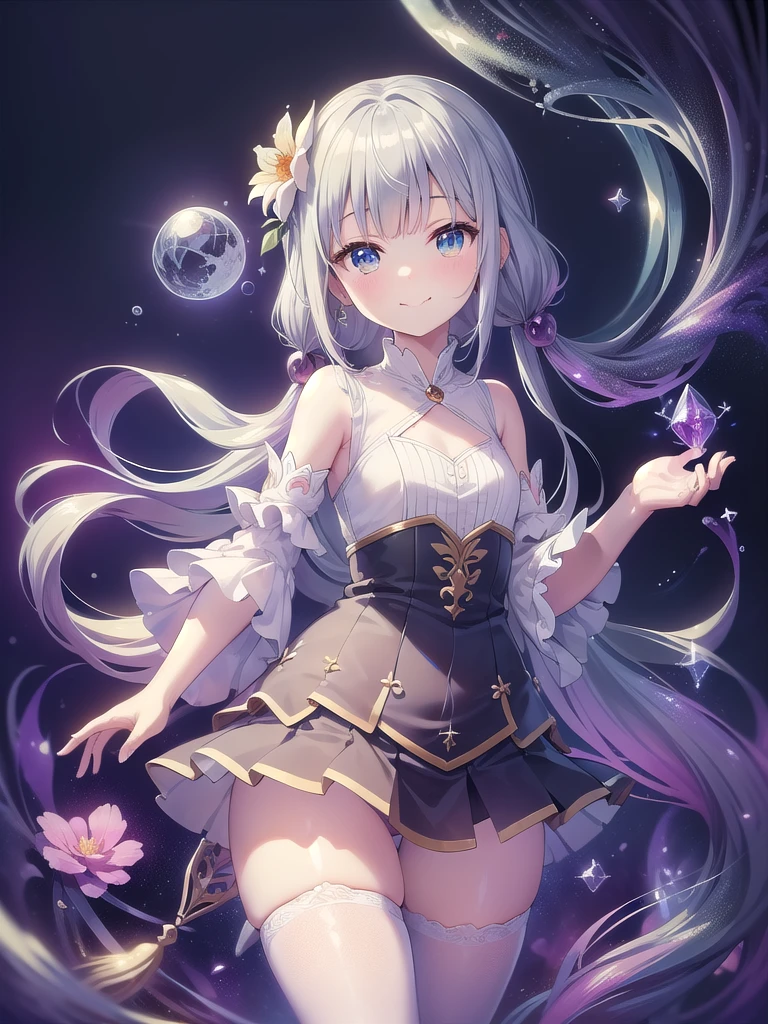 (masterpiece, Highest quality, detailed:1.3),(photograph:1.3), HD transparent background, Attention to detail,cute,One Girl, cute表情, smile,、Sparkling eyes,The audience watching,９age,(small),smile, Full body portrait,Are standing, Night Sky,moon,star,flower,gem,crystal,aura,Character Design