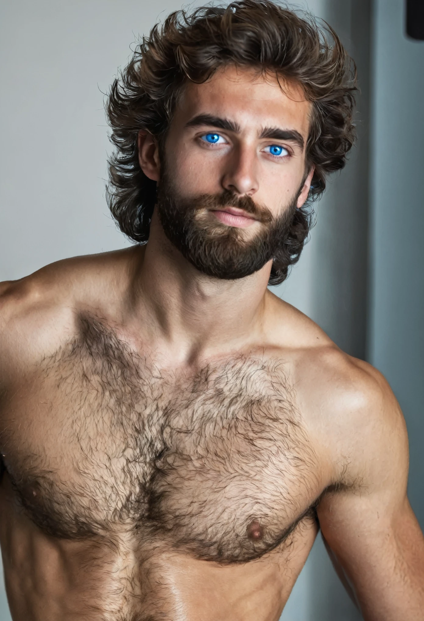 man, 24 years old, very hairy man, blue eyes, from Spain, handsome, no shirt, (hairy chest and legs: 1.0), with underwear, cinematography, 16k, uhd, in a studio, model, sexy man