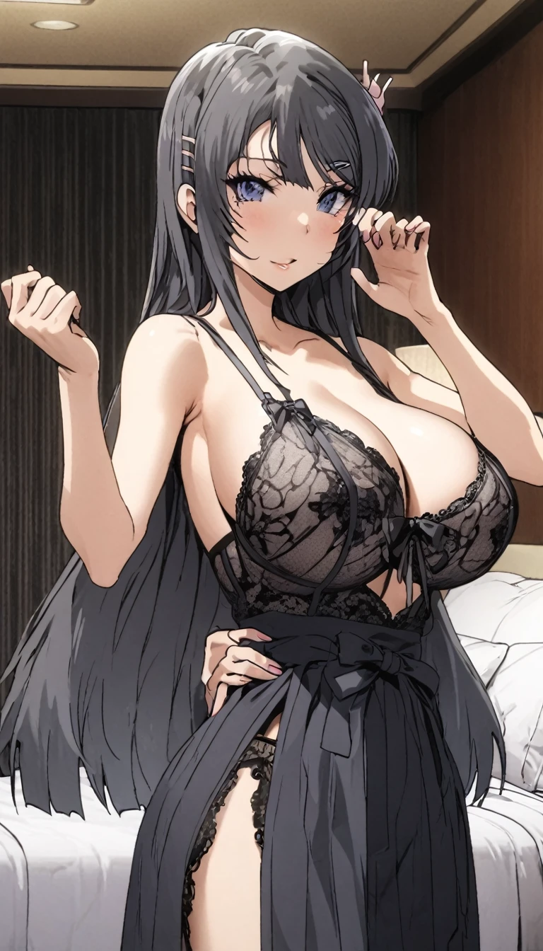 Mai Sakurajima, black hair accessory in the shape of a rabbit, black lace lingerie, in a hotel room, pose with one hand on the waist, big breasts