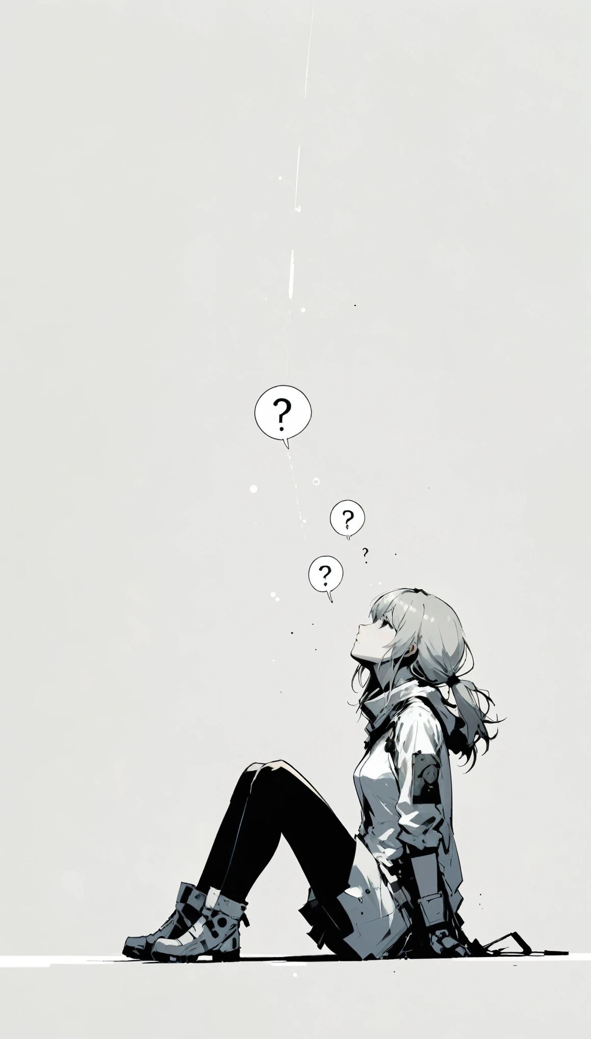 (in style of Ashley Wood:1.1), 
1girl,knees apart feet together,?,large areas of white space,grey_background,minimalist background,sitting,at the bottom of the screen,(looking up side:1.5),from the side,comic,