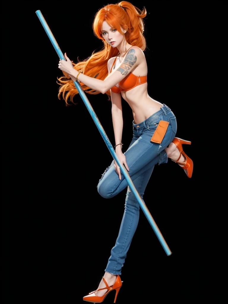 A beautiful girl with perfect body, orange hair, with blue jeans, in high heels, with red bra, holding a blue stick