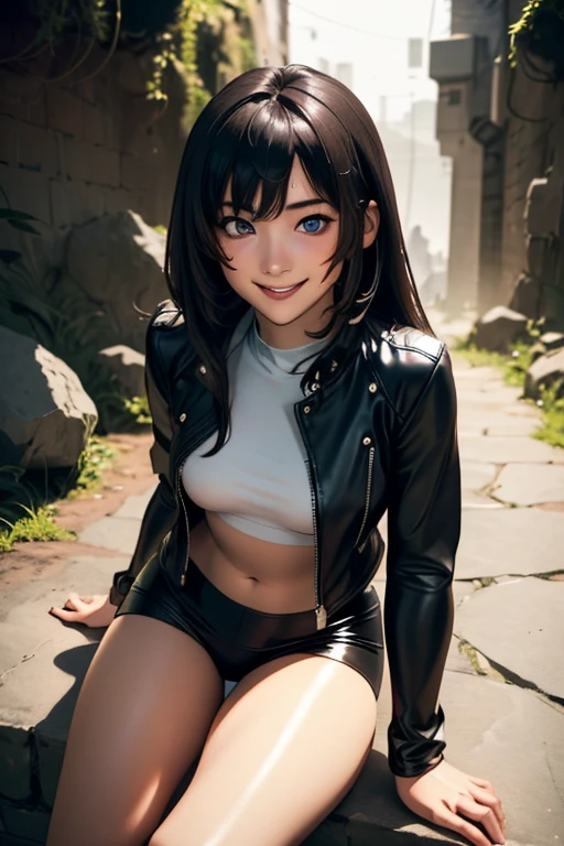 Highest quality High resolution Simple Remainsの様なDungeons RemainsDungeons Long bangs Adult female Adventurer Girl Loose expression cute smile Leather jacket Beautiful Eyes One Woman Long side hair Very black hair Shiny long hair Straight hair Ahoge Wide sleeves Long hem cute目 Remains Dungeons Underground maze