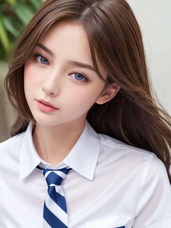 (Tabletop:1.4, Photorealistic:1.4, 8k), Highest quality, masterpiece, Ultra-high resolution, Perfect dynamic composition, Big Face、Round face、((Light brown hair, Long Hair, Curly Hair))、Highly detailed skin and facial textures:1.3, Limb details, 1 girl, Cute sexy 22 year old woman, (Sunburn:1.0), ((Totally captivates you:0.9)), ((school uniform, White collar short sleeve shirt, Striped tie)),Mid-chest, (Distant eyes, Beautiful Eyes, blue eyes、Beautiful  eyes:0.85), Sexy Face:0.4, (Mouth closed、Small Mouth、Thick lips、A taste of beautiful ism:0.85), ((Too cute beauty:0.9))、Gal Makeup、((Extreme close up))
