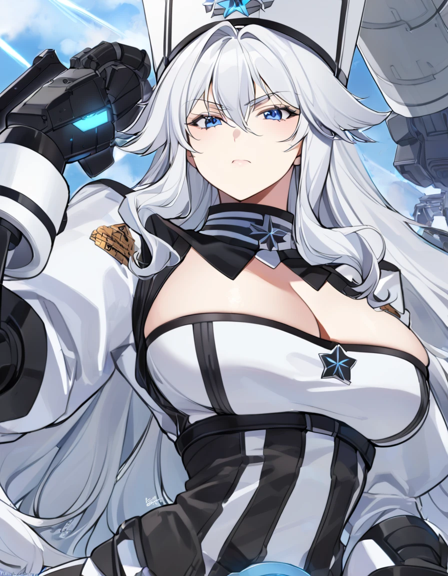 Anime, 1 girl with heavy mechanical arms, solo, kimtag, Sovetsky Soyuz, Sovetsky Soyuz's hairstyle, white hairstyle, busty, firm chunky body, white military's uniform, white military's hat, large heavy mechanical-arms, BLUE eyes, serious