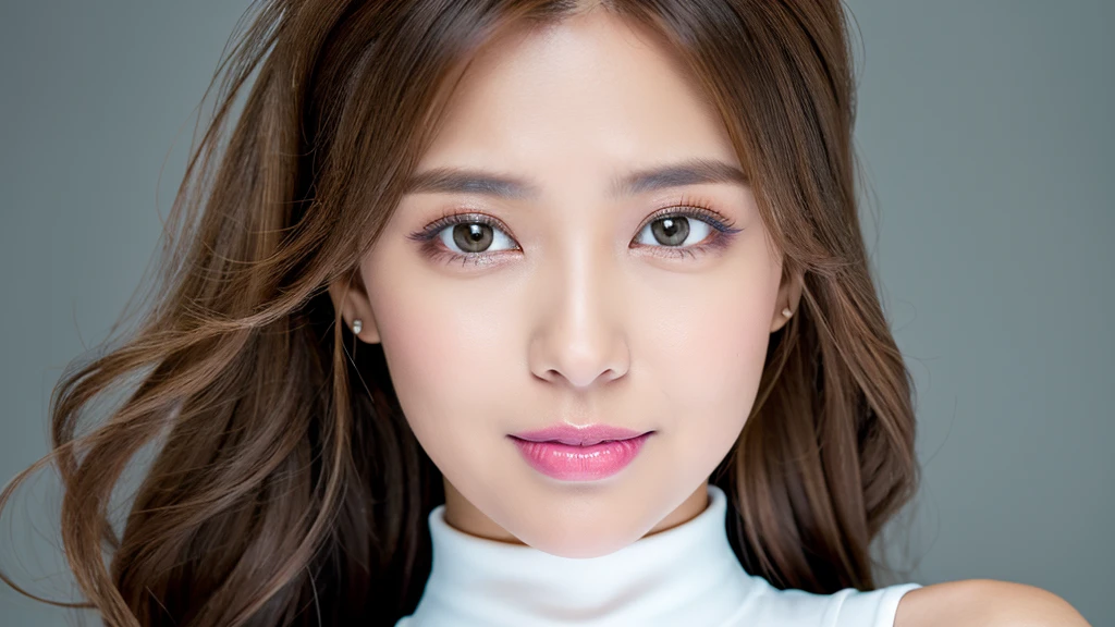 ((Detailed face)),vivid,cute,A silky white outfit with a turtleneck and sleeveless top,4K,Ultra-high resolution,(Photorealistic:1.7),Gray background,Long Hair,