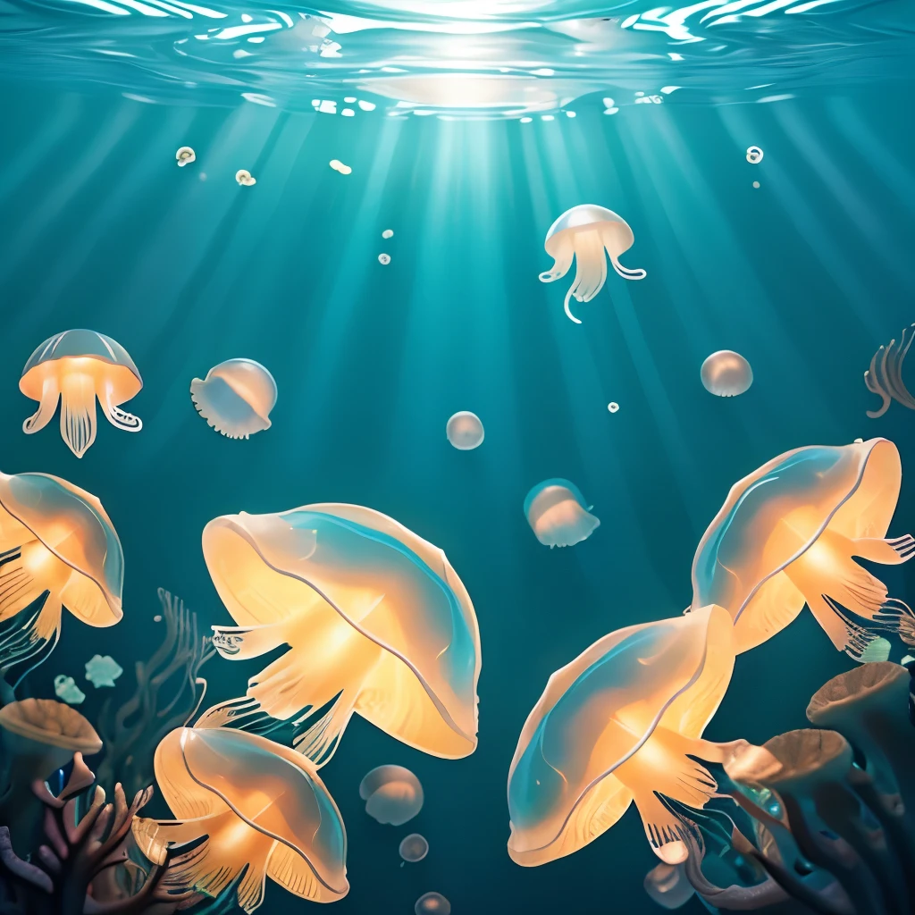 In the sea、、((swim))、((Realistic multiple jellyfish))