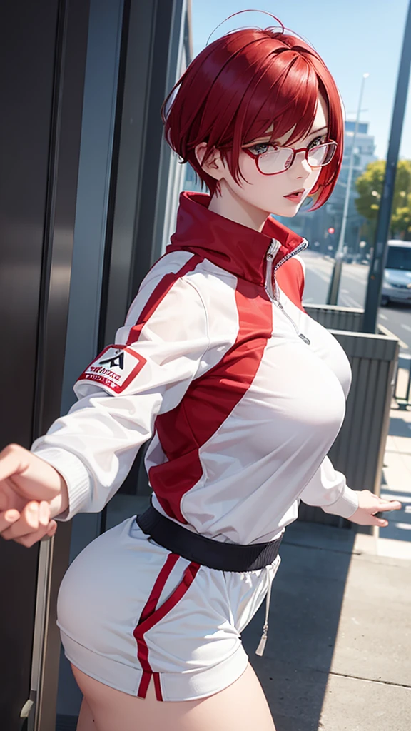 woman with short red hair, white eyes, glasses, tall body, big breasts, sexy wearing a tracksuit, is at school