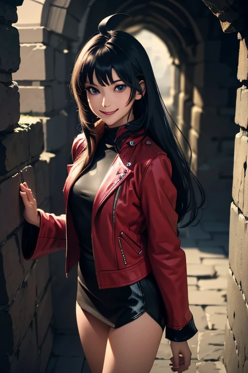 Highest quality　High resolution　Simple　Remainsの様なDungeons　RemainsDungeons　Long bangs　Adult female　Adventurer Girl　Loose expression　cute　smile　Leather jacket　Beautiful Eyes　One Woman　Long side hair　Very black hair　Shiny long hair　Straight hair　Ahoge　Wide sleeves　Long hem　cute目　Remains　Dungeons　Underground maze