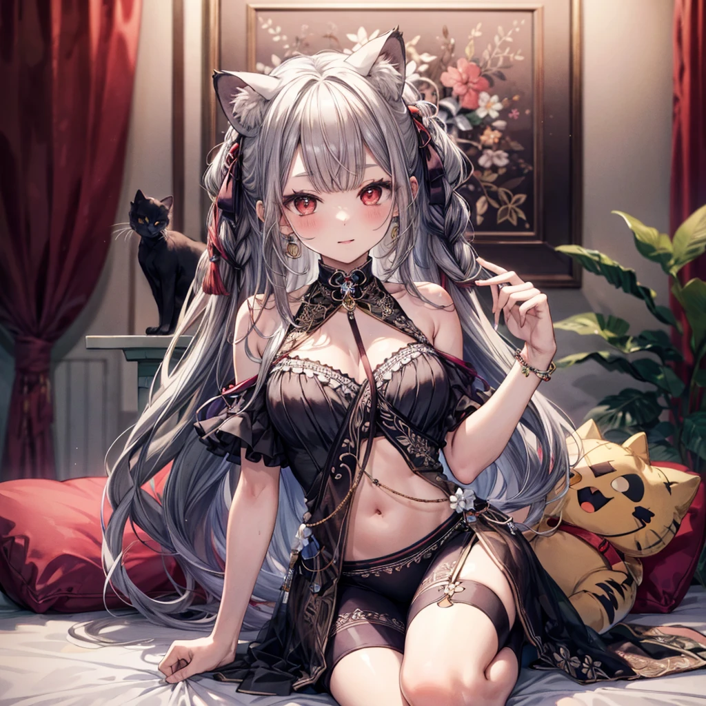 ((Highest quality)), ((masterpiece)), ((detailed)), a beautiful asian woman wearing an african cat outfit is posing on a bed, 1girl, 独奏, animal ears, black hair, jewelry, navel, long hair