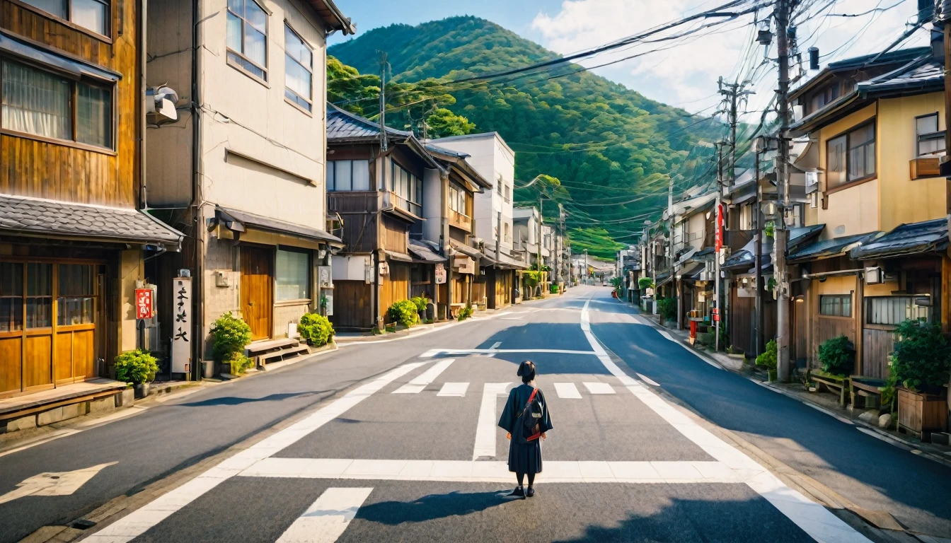 "Person standing at a crossroads in a rural Japanese town"