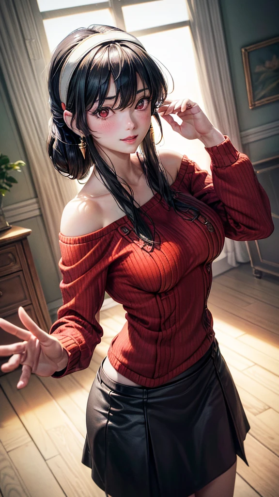 (masterpiece, Highest quality:1.3), (Super detailed:1.4),(Super detailed顔:1.2),(Super detailed目:1.2), (hyperRealistic:1.3), (RAW Photos:1.2), High-definition RAW color photos, Professional photos, (PhotoRealistic:1.4), (Realistic:1.4),8k,Professional Lighting, Perfect Anatomy, BREAK,(Big Breasts:1.6),(blush:1.2),(Bright smile:1.2),Yolfoger, High detail, Sharp focus, dramatic,dutch angle,Björf,Black Hair,Long hair short hair,White hair band,Kamimei,Leaning forward,Bring your face closer,Red eyes,Gold earrings,jewelry,Off the shoulder,(Red sweater:1.3),Sweater dress,Long sleeve,Black Pantyhose,Luxury bedroom,(thong:1.2),(Sexy pose 1.5)