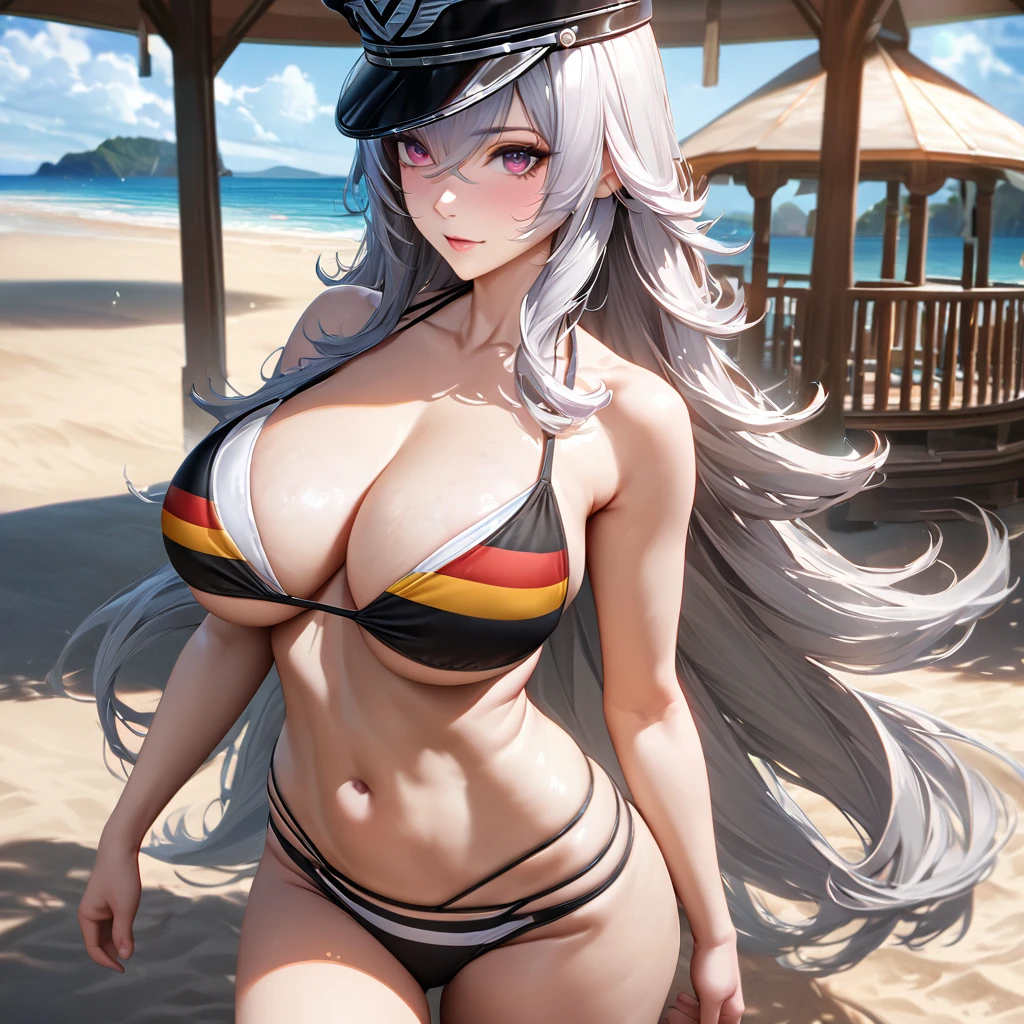 A woman wearing a beach bikini, a bikini with a print of the German flag, large breasts, burgundy eyes, silver hair, long hair, wearing a black military hat with silver details, walking on the beach sand, near a Gazebo, wide view of the beach sea with blue sky during the day, perfect face, perfect eyes..(solo woman) ,UHD , prime work , accurate , anatomically correct , textured skin , super details , high quality , best quality, 8k, high resolution, bokeh effect, close view, realistic.