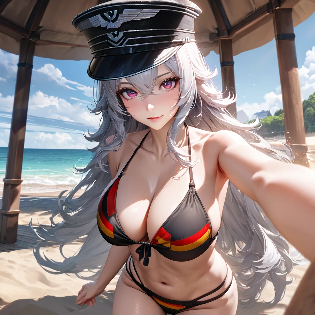 A woman wearing a beach bikini, a bikini with a print of the German flag, large breasts, burgundy eyes, silver hair, long hair, wearing a black military hat with silver details, walking on the beach sand, near a Gazebo, wide view of the beach sea ​​with blue sky during the day, perfect face, perfect eyes..(solo woman) ,UHD , prime work , accurate , anatomically correct , textured skin , super details , high quality , best quality, 8k, high resolution, bokeh effect, close view, realistic.
