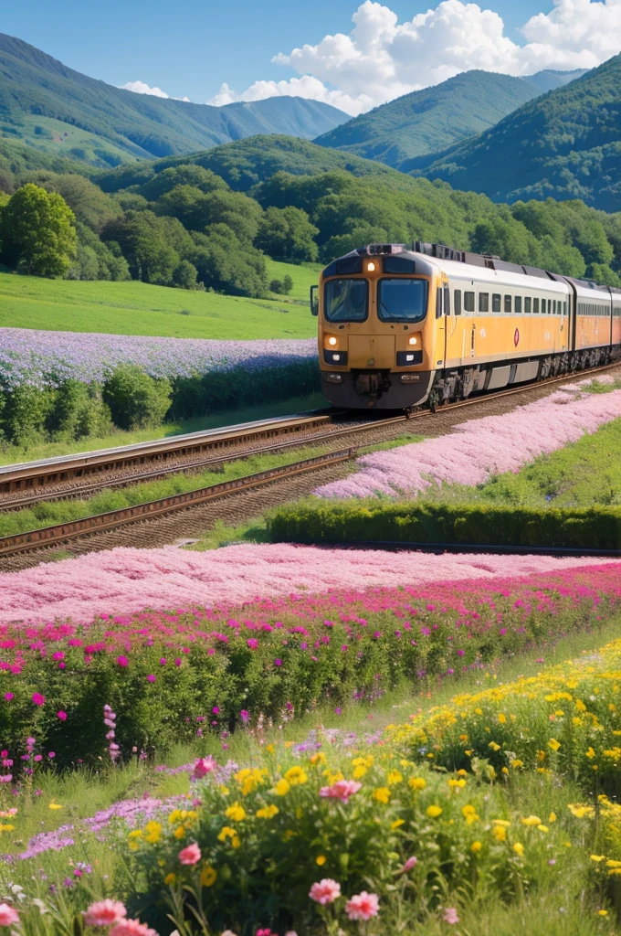 Train passing through flowery places