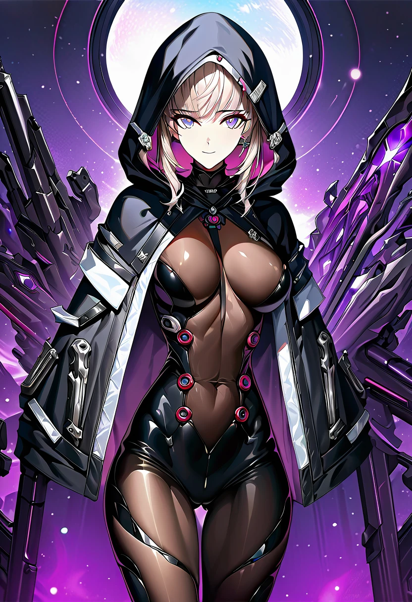 absurdres, by famous artist, exquisite, upper body shot, hood, jacket, body suit, black clothes, black wear, tights, weapon, blue and purple eyes, perfect eyes, beautiful face, masterpiece, super fine illustration, ultra high res, masterwork, best quality, cg unity 8k wallpaper, official art, ultra detailed, beautiful, 